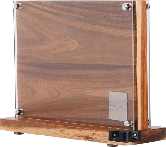 Acacia Wood Magnetic Knife Block with Double Sided Acrylic Shield, Freestanding Countertop Knife Holder Without Knives, Holds 10-12 Knives, Space Saving Kitchen Organizer