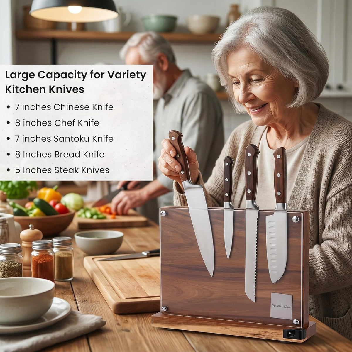 Acacia Wood Magnetic Knife Block with Double Sided Acrylic Shield, Freestanding Countertop Knife Holder Without Knives, Holds 10-12 Knives, Space Saving Kitchen Organizer