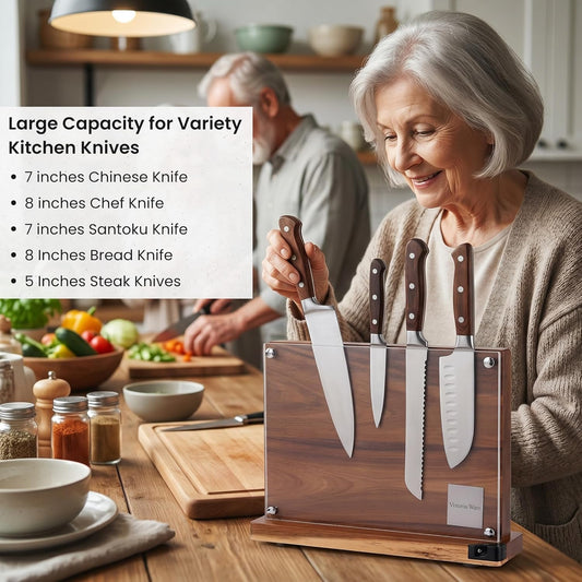 Acacia Wood Magnetic Knife Block with Double Sided Acrylic Shield, Freestanding Countertop Knife Holder Without Knives, Holds 10-12 Knives, Space Saving Kitchen Organizer