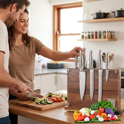 Acacia Wood Magnetic Knife Block with Double Sided Acrylic Shield, Freestanding Countertop Knife Holder Without Knives, Holds 10-12 Knives, Space Saving Kitchen Organizer
