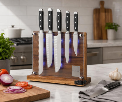 Acacia Wood Magnetic Knife Block with Double Sided Acrylic Shield, Freestanding Countertop Knife Holder Without Knives, Holds 10-12 Knives, Space Saving Kitchen Organizer