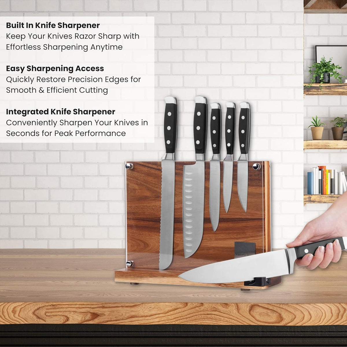 Acacia Wood Magnetic Knife Block with Double Sided Acrylic Shield, Freestanding Countertop Knife Holder Without Knives, Holds 10-12 Knives, Space Saving Kitchen Organizer