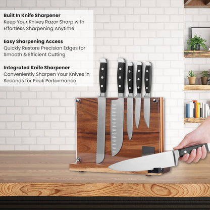 Acacia Wood Magnetic Knife Block with Double Sided Acrylic Shield, Freestanding Countertop Knife Holder Without Knives, Holds 10-12 Knives, Space Saving Kitchen Organizer