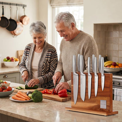 Acacia Wood Magnetic Knife Block with Double Sided Acrylic Shield, Freestanding Countertop Knife Holder Without Knives, Holds 10-12 Knives, Space Saving Kitchen Organizer