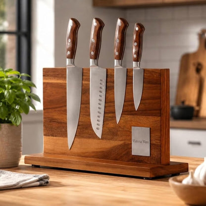 Acacia Wood Magnetic Knife Block with Double Sided Acrylic Shield, Freestanding Countertop Knife Holder Without Knives, Holds 10-12 Knives, Space Saving Kitchen Organizer