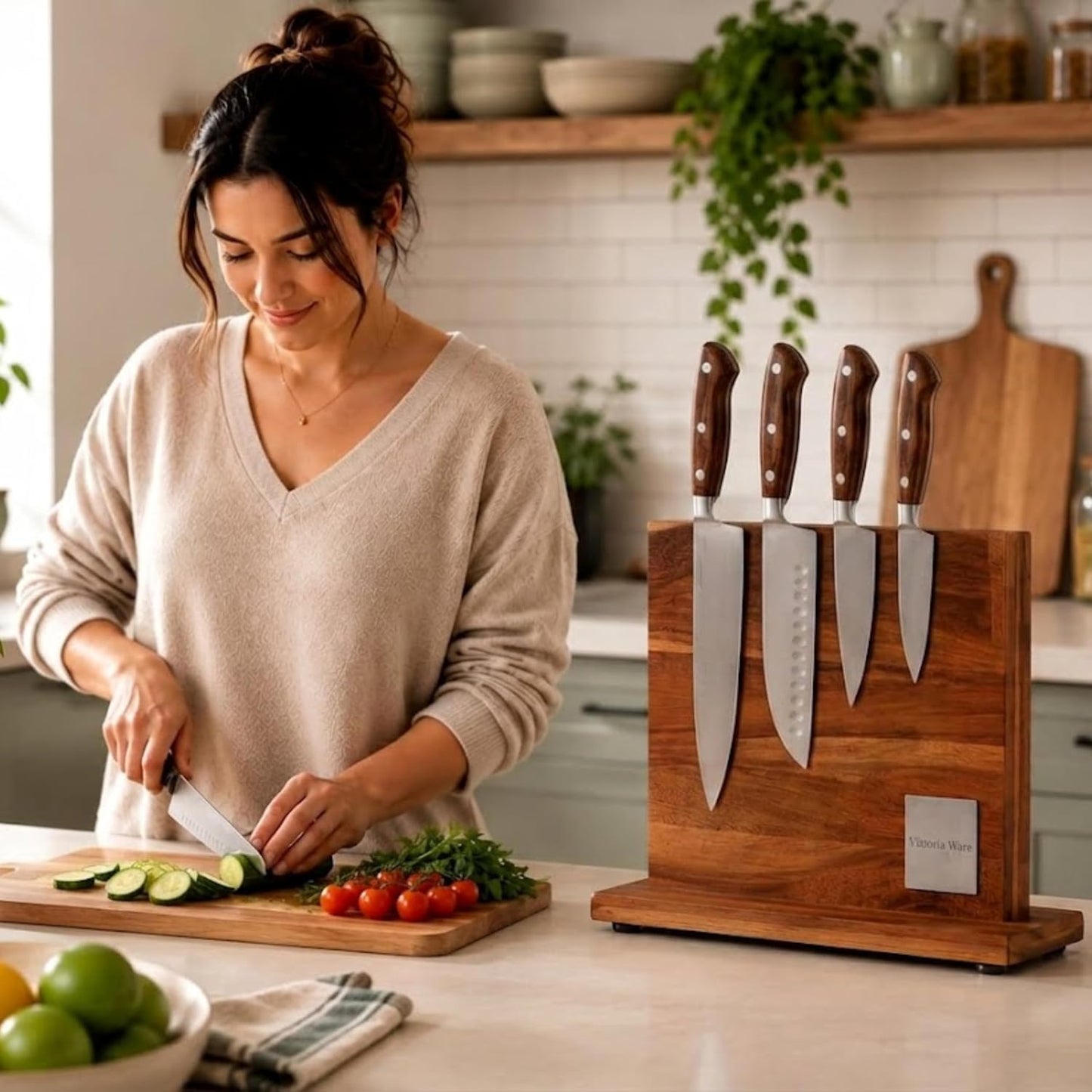 Acacia Wood Magnetic Knife Block with Double Sided Acrylic Shield, Freestanding Countertop Knife Holder Without Knives, Holds 10-12 Knives, Space Saving Kitchen Organizer