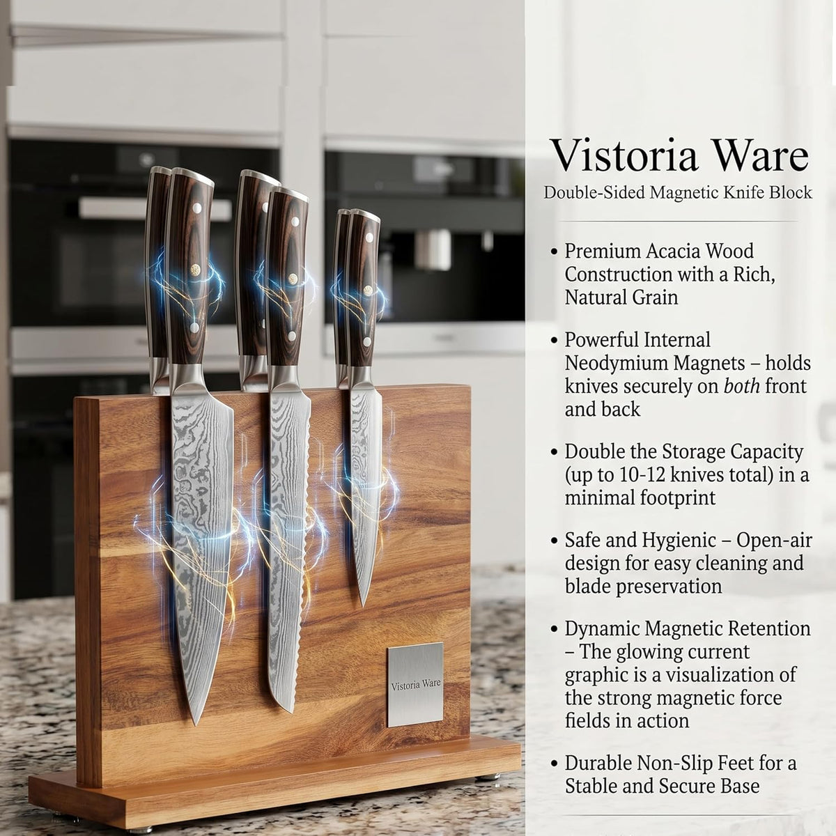 Acacia Wood Magnetic Knife Block with Double Sided Acrylic Shield, Freestanding Countertop Knife Holder Without Knives, Holds 10-12 Knives, Space Saving Kitchen Organizer