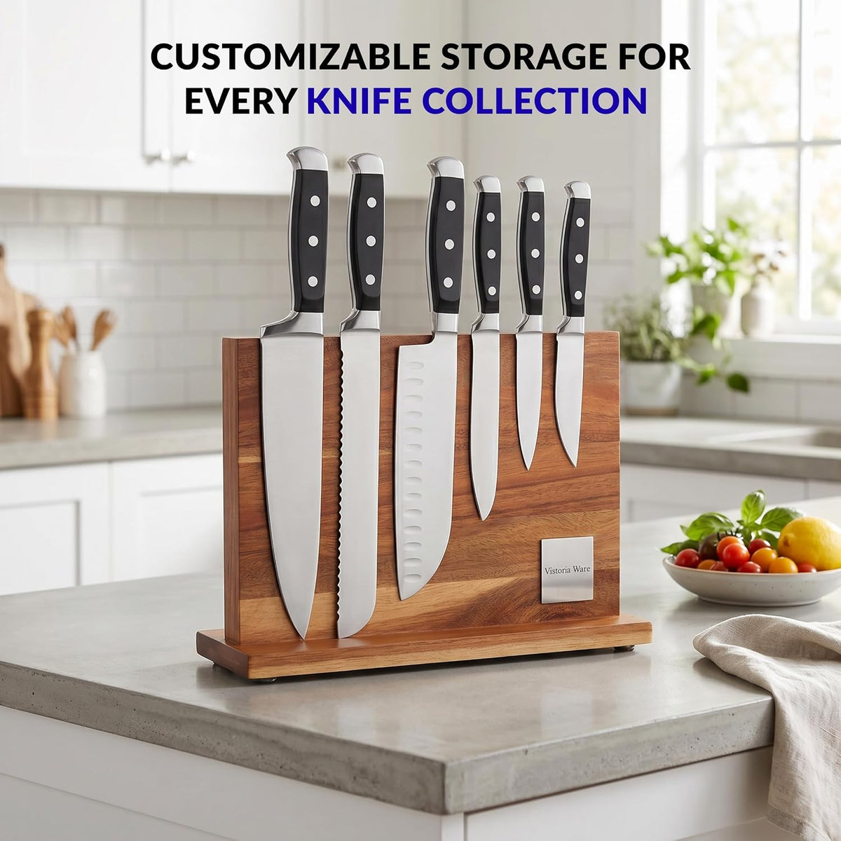 Acacia Wood Magnetic Knife Block with Double Sided Acrylic Shield, Freestanding Countertop Knife Holder Without Knives, Holds 10-12 Knives, Space Saving Kitchen Organizer