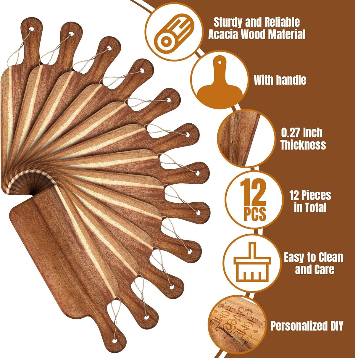 12 Packs Acacia Wooden Cutting Board Set with Handles Large 15 x 7 Inch Kitchen Serving Plain Chopping Board Bulk Gifts for Christmas Vegetables Meat Pizza Cheese Fruit Bread