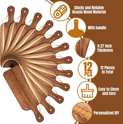 12 Packs Acacia Wooden Cutting Board Set with Handles Large 15 x 7 Inch Kitchen Serving Plain Chopping Board Bulk Gifts for Christmas Vegetables Meat Pizza Cheese Fruit Bread