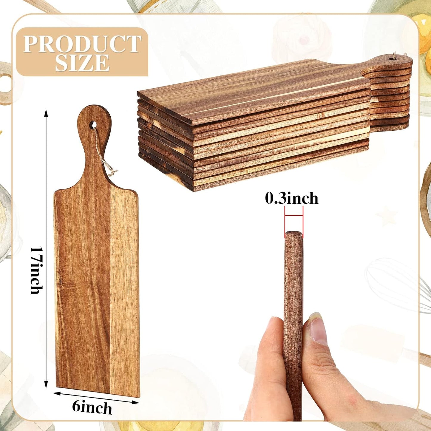 12 Packs Acacia Wooden Cutting Board Set with Handles Large 15 x 7 Inch Kitchen Serving Plain Chopping Board Bulk Gifts for Christmas Vegetables Meat Pizza Cheese Fruit Bread