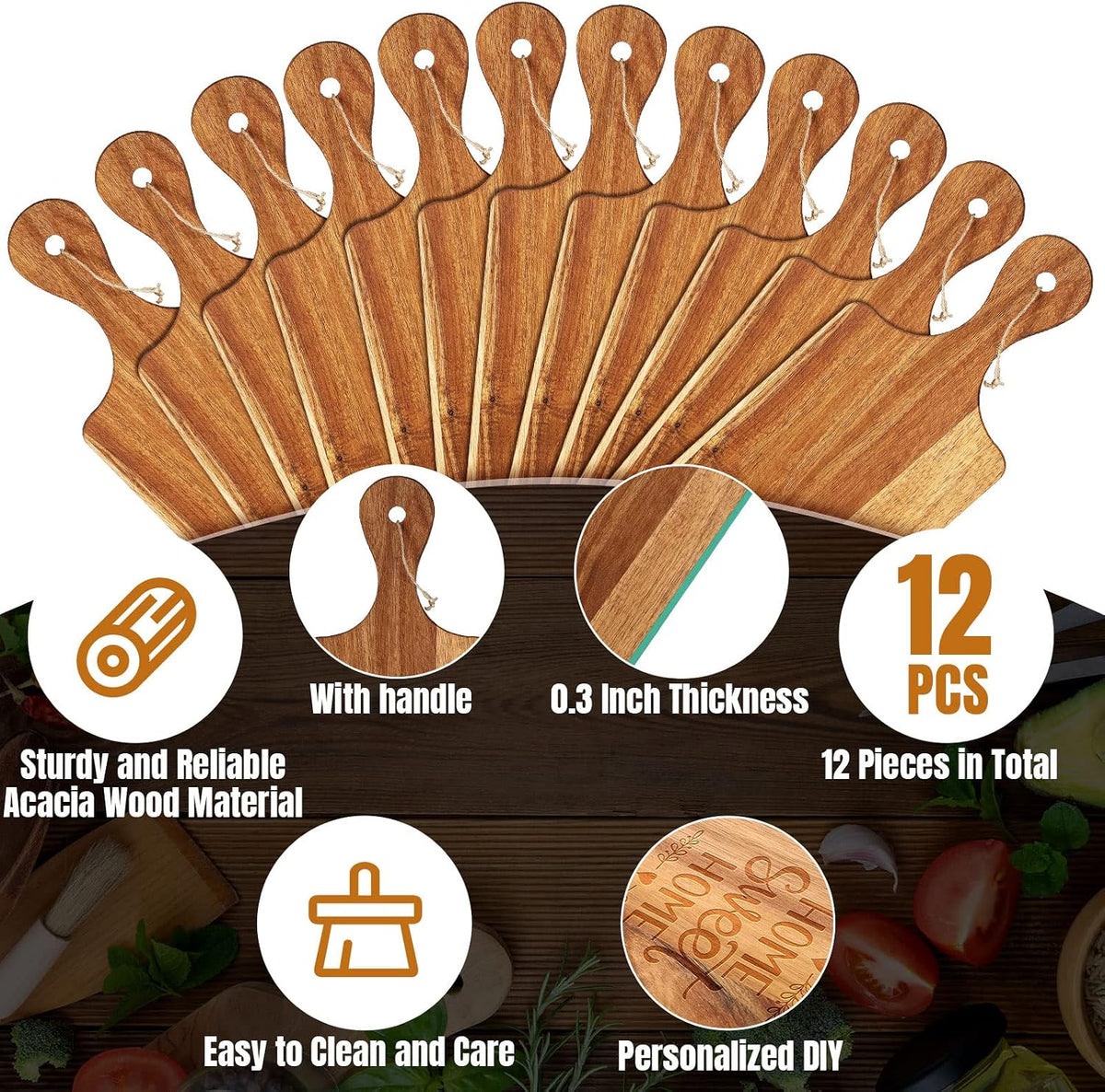 12 Packs Acacia Wooden Cutting Board Set with Handles Large 15 x 7 Inch Kitchen Serving Plain Chopping Board Bulk Gifts for Christmas Vegetables Meat Pizza Cheese Fruit Bread