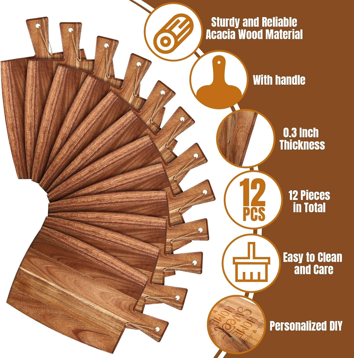 12 Packs Acacia Wooden Cutting Board Set with Handles Large 15 x 7 Inch Kitchen Serving Plain Chopping Board Bulk Gifts for Christmas Vegetables Meat Pizza Cheese Fruit Bread