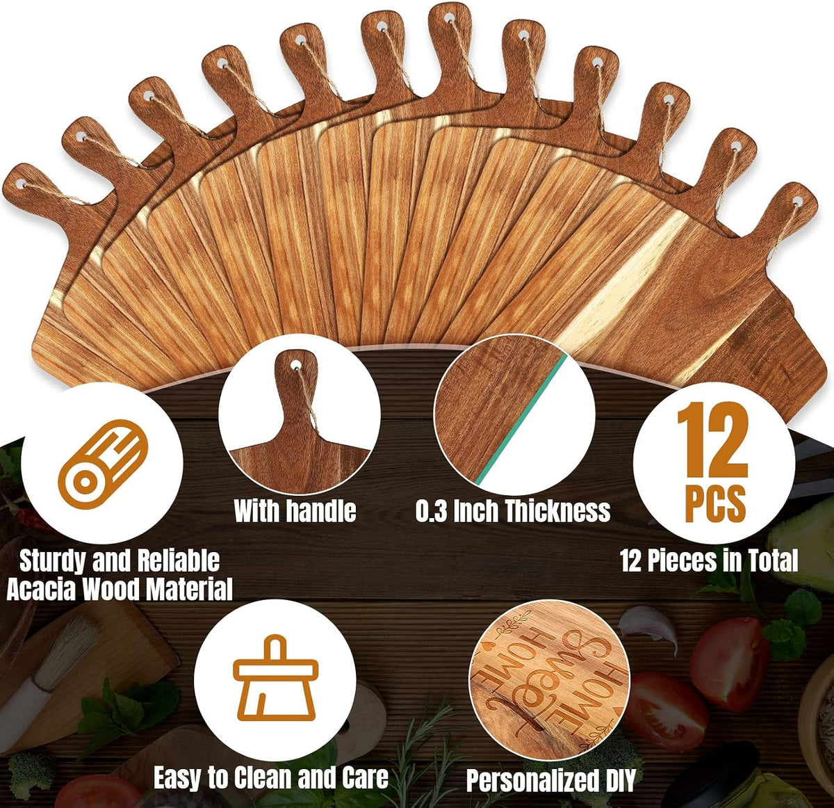12 Packs Acacia Wooden Cutting Board Set with Handles Large 15 x 7 Inch Kitchen Serving Plain Chopping Board Bulk Gifts for Christmas Vegetables Meat Pizza Cheese Fruit Bread
