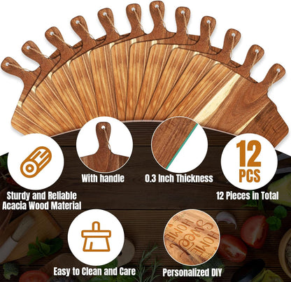 12 Packs Acacia Wooden Cutting Board Set with Handles Large 15 x 7 Inch Kitchen Serving Plain Chopping Board Bulk Gifts for Christmas Vegetables Meat Pizza Cheese Fruit Bread