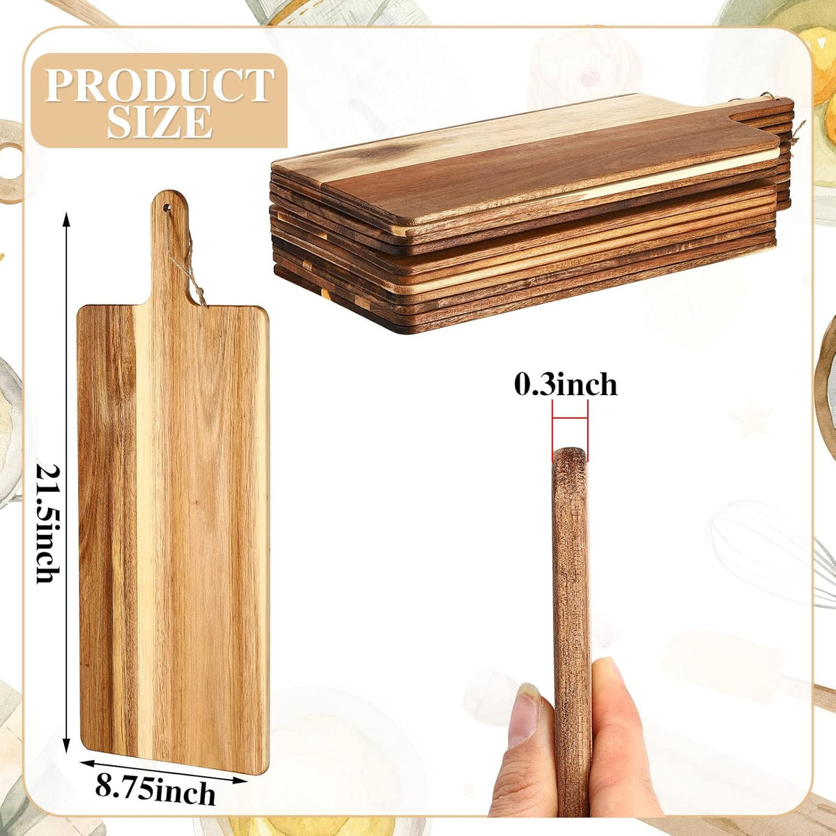 12 Packs Acacia Wooden Cutting Board Set with Handles Large 15 x 7 Inch Kitchen Serving Plain Chopping Board Bulk Gifts for Christmas Vegetables Meat Pizza Cheese Fruit Bread