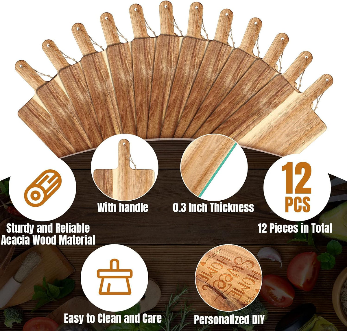 12 Packs Acacia Wooden Cutting Board Set with Handles Large 15 x 7 Inch Kitchen Serving Plain Chopping Board Bulk Gifts for Christmas Vegetables Meat Pizza Cheese Fruit Bread