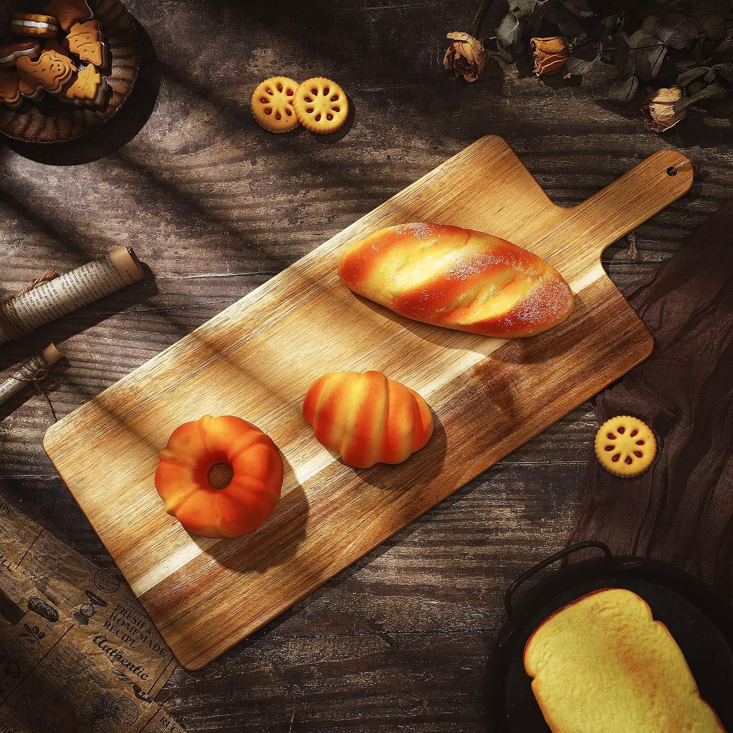 12 Packs Acacia Wooden Cutting Board Set with Handles Large 15 x 7 Inch Kitchen Serving Plain Chopping Board Bulk Gifts for Christmas Vegetables Meat Pizza Cheese Fruit Bread