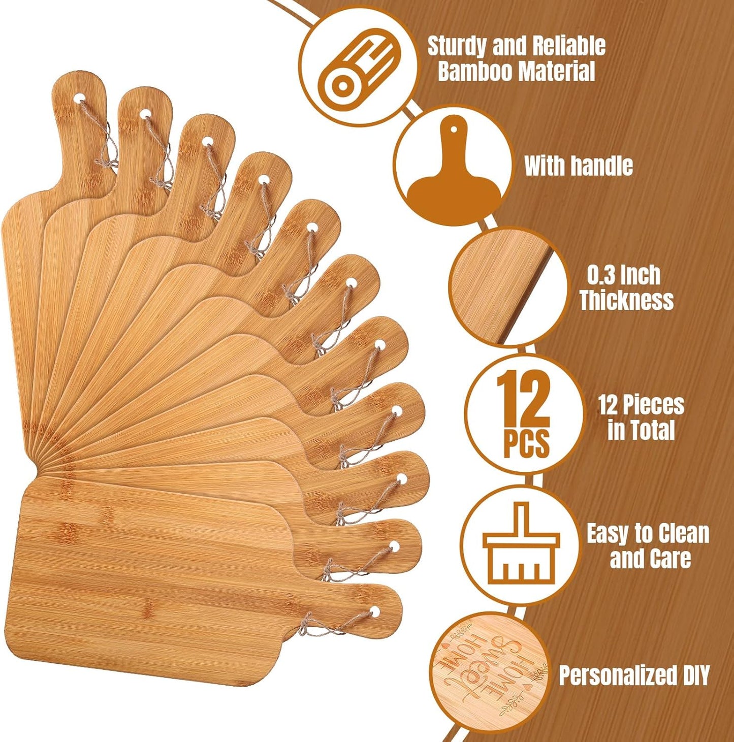 12 Packs Acacia Wooden Cutting Board Set with Handles Large 15 x 7 Inch Kitchen Serving Plain Chopping Board Bulk Gifts for Christmas Vegetables Meat Pizza Cheese Fruit Bread