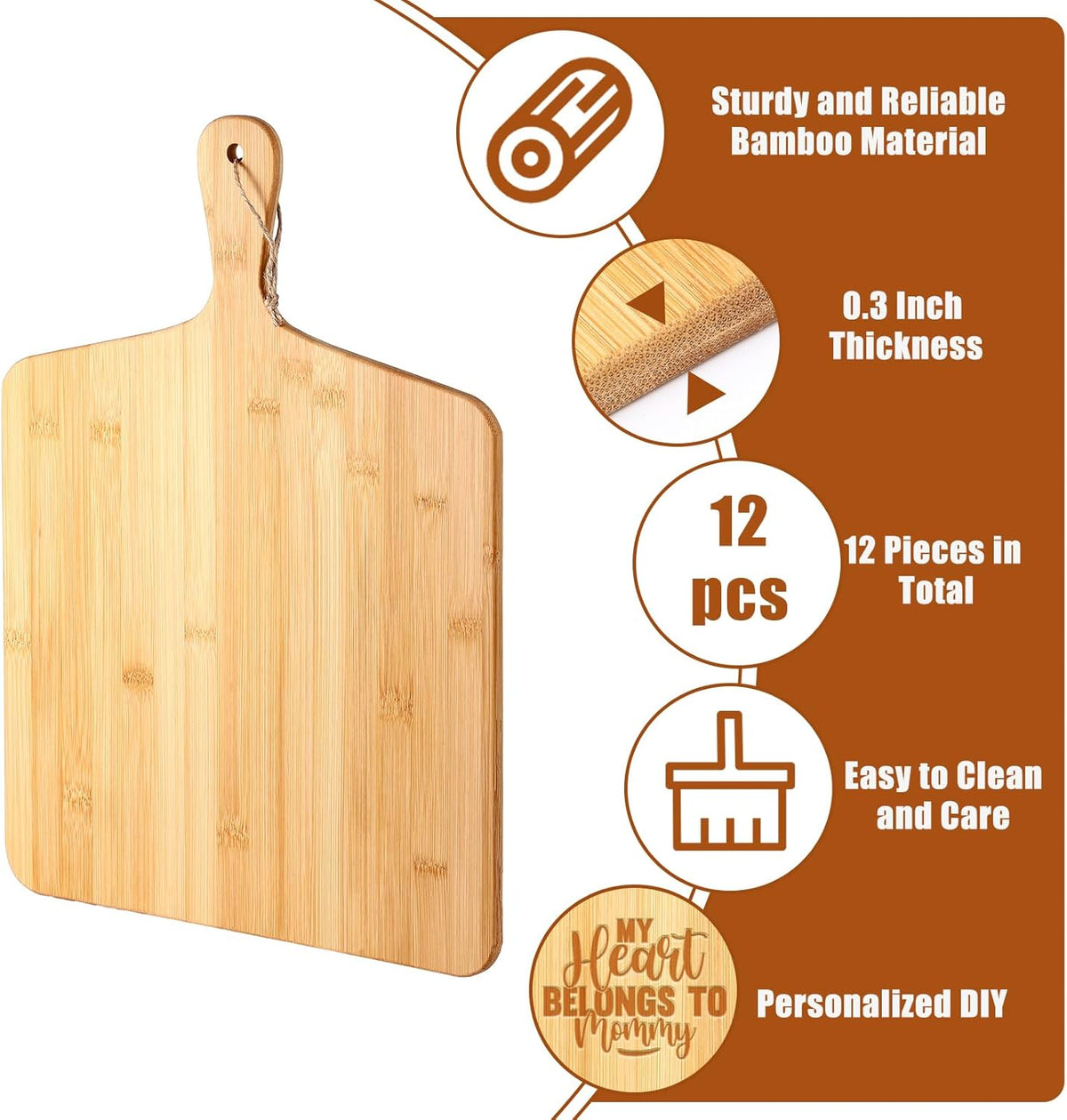 12 Packs Acacia Wooden Cutting Board Set with Handles Large 15 x 7 Inch Kitchen Serving Plain Chopping Board Bulk Gifts for Christmas Vegetables Meat Pizza Cheese Fruit Bread