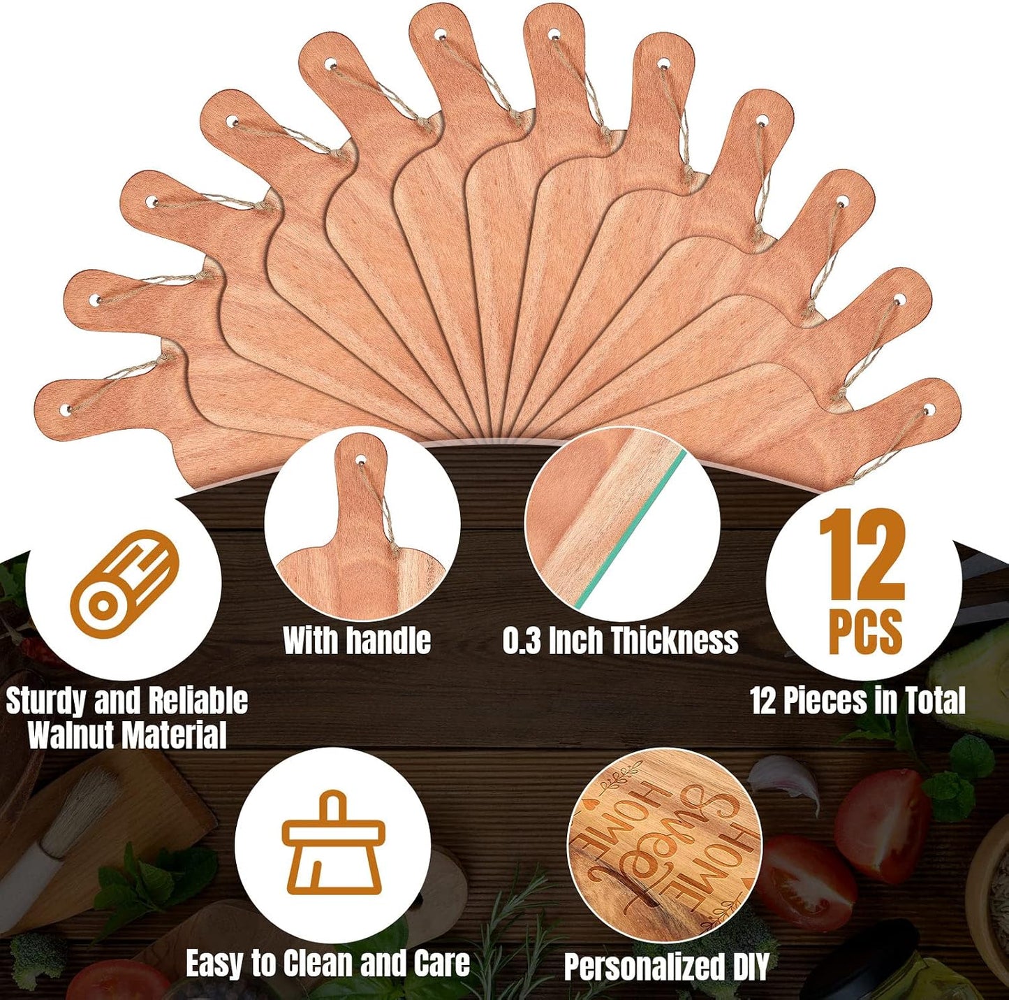 12 Packs Acacia Wooden Cutting Board Set with Handles Large 15 x 7 Inch Kitchen Serving Plain Chopping Board Bulk Gifts for Christmas Vegetables Meat Pizza Cheese Fruit Bread