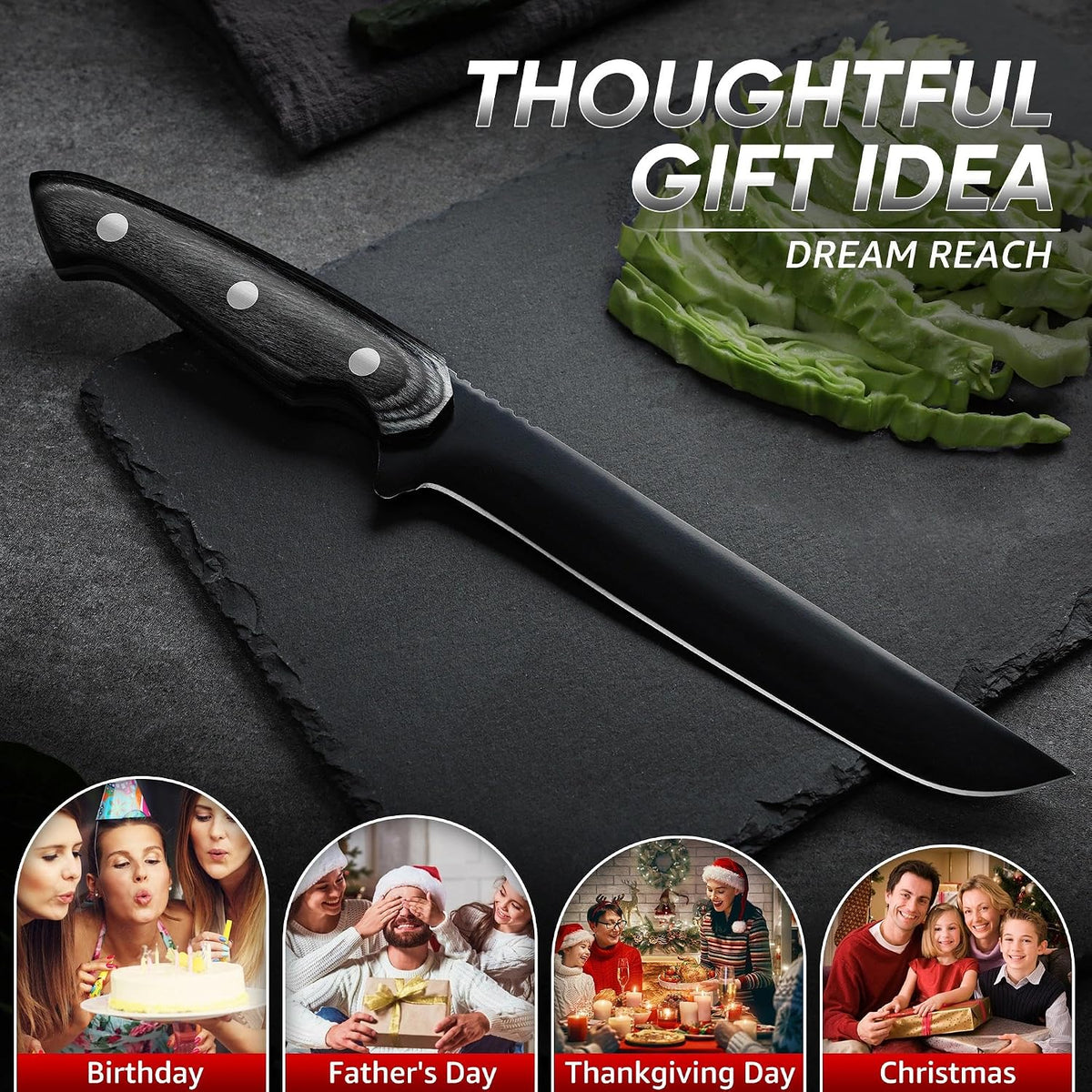 Kiritsuke Chef Knife - High Carbon Steel Sharp Kitchen Knife with Full Tang Handle, Hand Forged Black Cooking Knives for Birthday Mother Father Gift