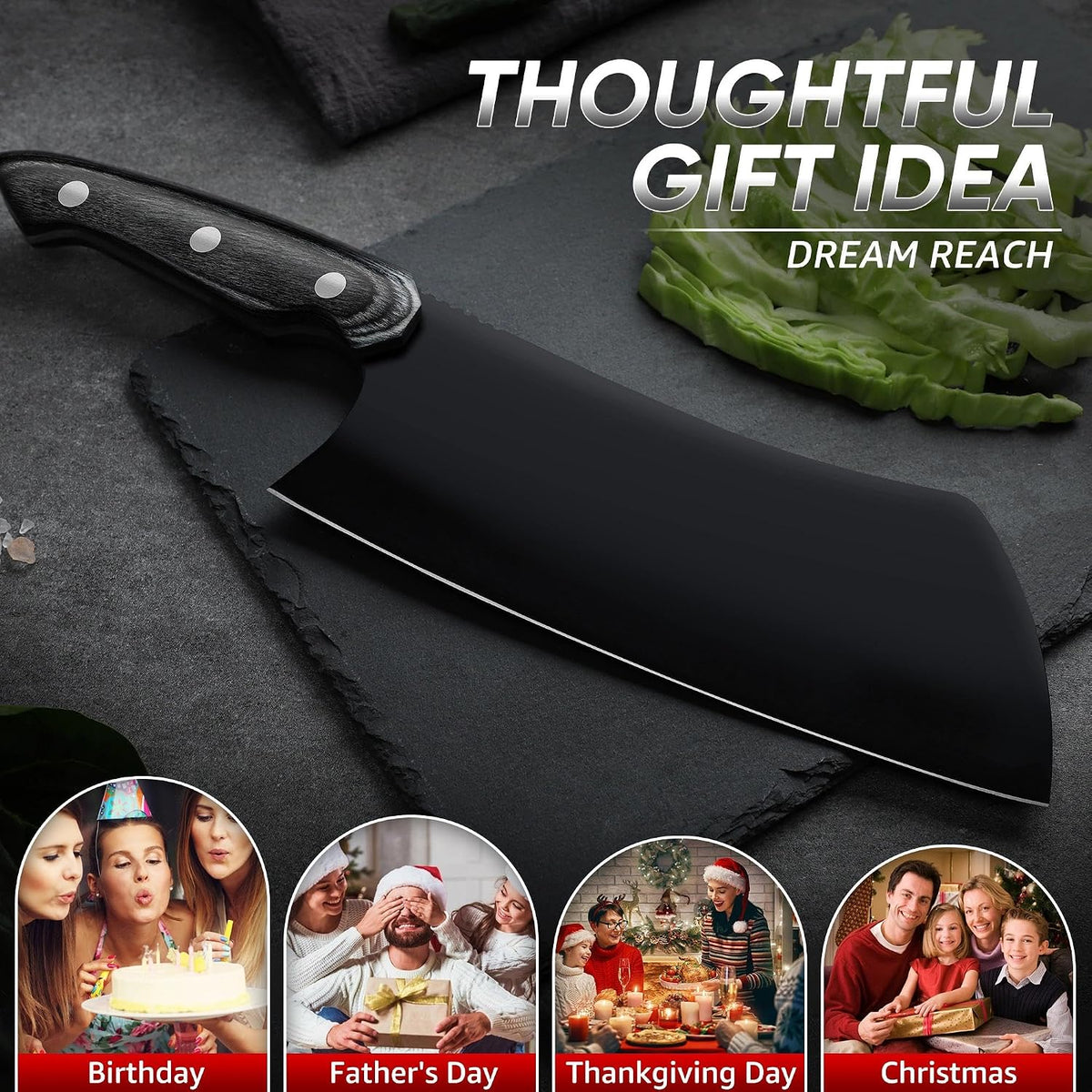 Kiritsuke Chef Knife - High Carbon Steel Sharp Kitchen Knife with Full Tang Handle, Hand Forged Black Cooking Knives for Birthday Mother Father Gift
