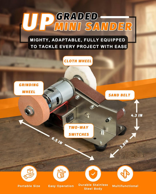 Mini Belt Sander, Electric Small Sander Knife Making Supplies, 7 Adjustable Speed Electric Knife Sharpener, Power Belt Grinder for Woodworking, Metal Working DIY (6.5'' x 6.8'' x 4.8'')