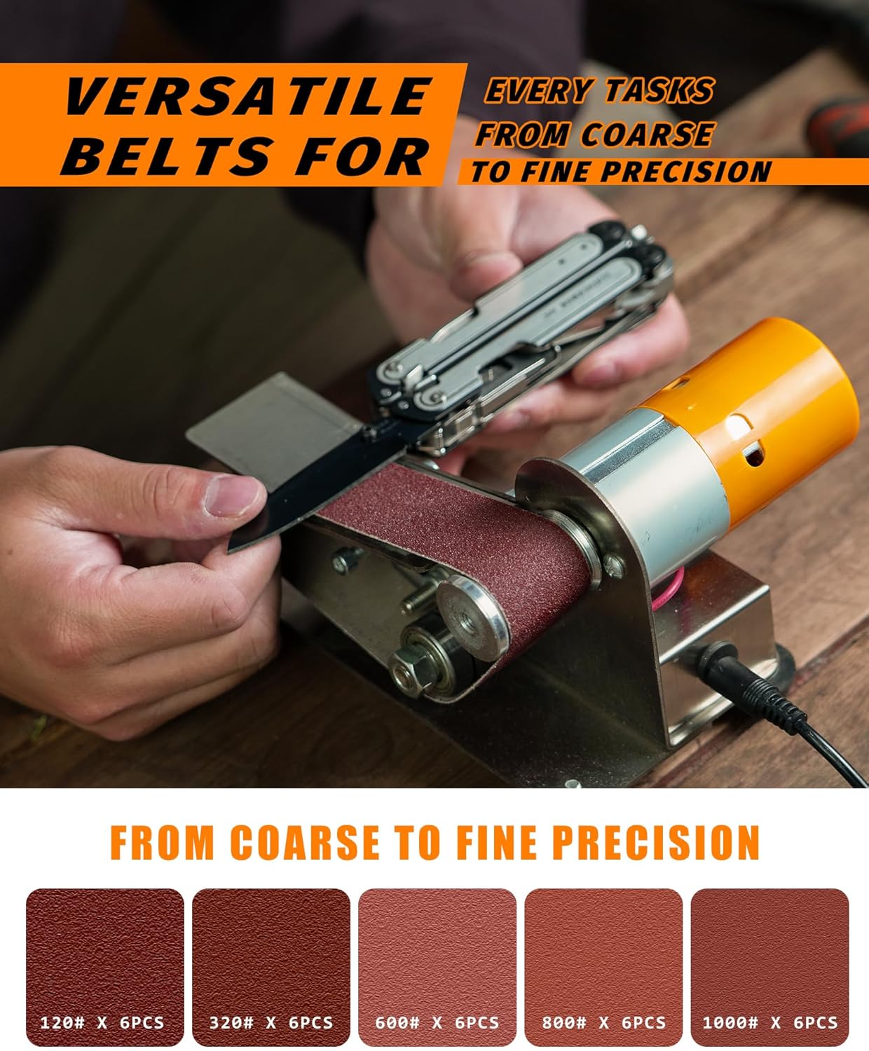 Mini Belt Sander, Electric Small Sander Knife Making Supplies, 7 Adjustable Speed Electric Knife Sharpener, Power Belt Grinder for Woodworking, Metal Working DIY (6.5'' x 6.8'' x 4.8'')