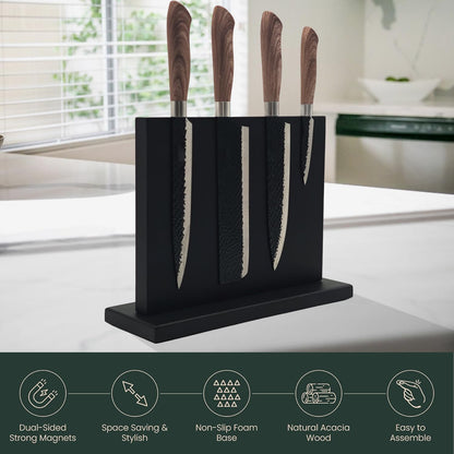Magnetic Knife Block - Black Acacia Wood Knife Holder Stand,12 Inch,Double-Sided Design with Strong Magnets - Universal Knife Organizer Strip Storage Rack for Kitchen Counter