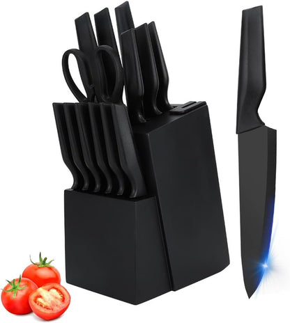 Knife Set, 14Pcs Kitchen Knife Set with Block Self Sharpening, High Carbon Stainless Steel Ultra Sharp Knives for Kitchen, 6 Steak Knives, Anti-slip Handle, Black, Elegant Gifts (Black)