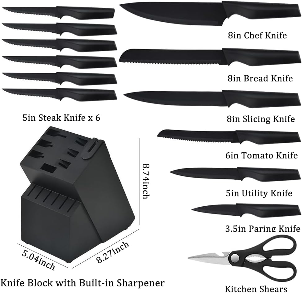Knife Set, 14Pcs Kitchen Knife Set with Block Self Sharpening, High Carbon Stainless Steel Ultra Sharp Knives for Kitchen, 6 Steak Knives, Anti-slip Handle, Black, Elegant Gifts (Black)