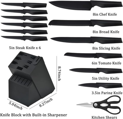 Knife Set, 14Pcs Kitchen Knife Set with Block Self Sharpening, High Carbon Stainless Steel Ultra Sharp Knives for Kitchen, 6 Steak Knives, Anti-slip Handle, Black, Elegant Gifts (Black)