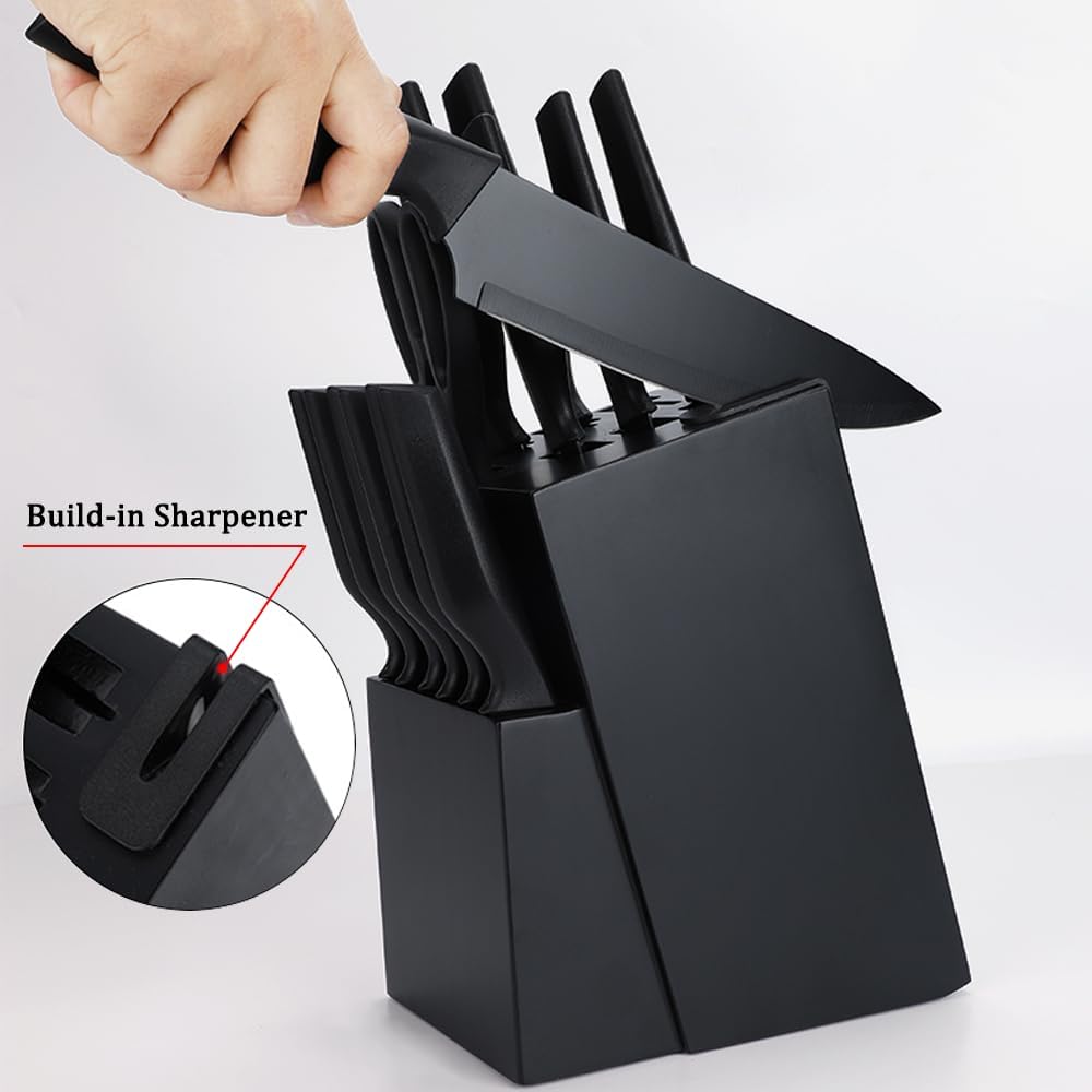 Knife Set, 14Pcs Kitchen Knife Set with Block Self Sharpening, High Carbon Stainless Steel Ultra Sharp Knives for Kitchen, 6 Steak Knives, Anti-slip Handle, Black, Elegant Gifts (Black)