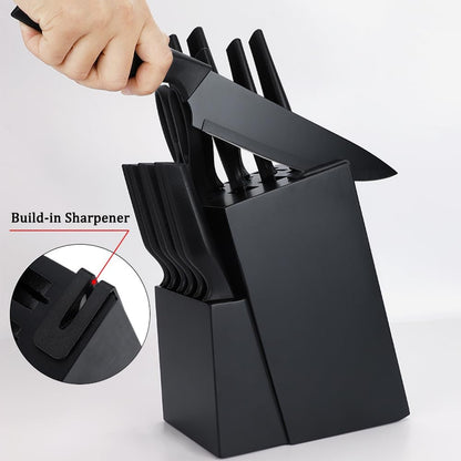 Knife Set, 14Pcs Kitchen Knife Set with Block Self Sharpening, High Carbon Stainless Steel Ultra Sharp Knives for Kitchen, 6 Steak Knives, Anti-slip Handle, Black, Elegant Gifts (Black)
