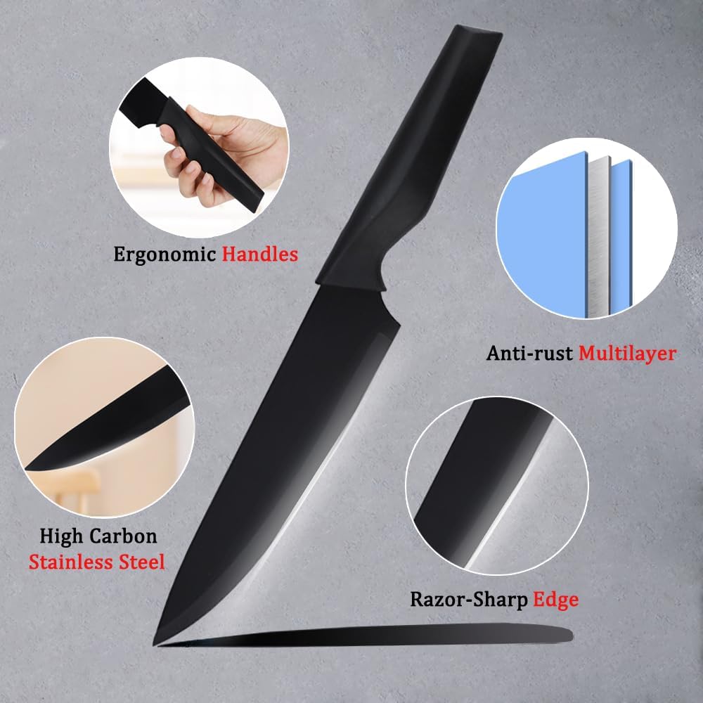 Knife Set, 14Pcs Kitchen Knife Set with Block Self Sharpening, High Carbon Stainless Steel Ultra Sharp Knives for Kitchen, 6 Steak Knives, Anti-slip Handle, Black, Elegant Gifts (Black)