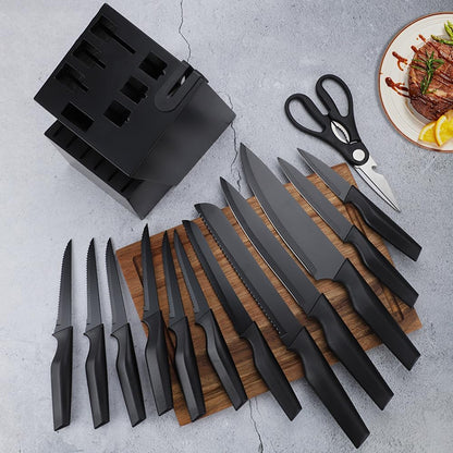 Knife Set, 14Pcs Kitchen Knife Set with Block Self Sharpening, High Carbon Stainless Steel Ultra Sharp Knives for Kitchen, 6 Steak Knives, Anti-slip Handle, Black, Elegant Gifts (Black)