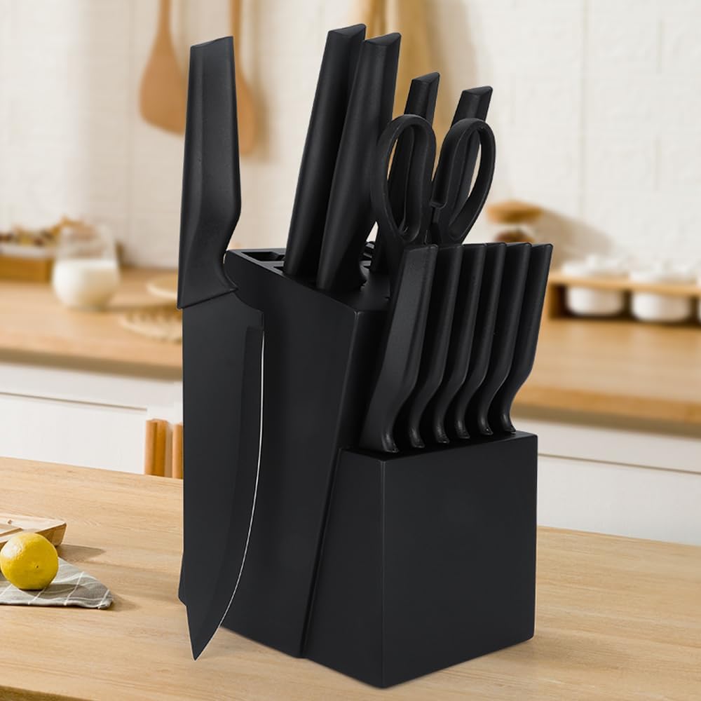 Knife Set, 14Pcs Kitchen Knife Set with Block Self Sharpening, High Carbon Stainless Steel Ultra Sharp Knives for Kitchen, 6 Steak Knives, Anti-slip Handle, Black, Elegant Gifts (Black)