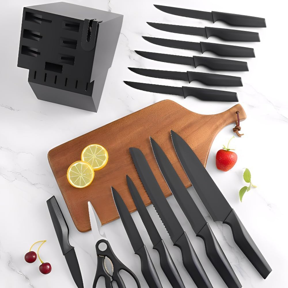 Knife Set, 14Pcs Kitchen Knife Set with Block Self Sharpening, High Carbon Stainless Steel Ultra Sharp Knives for Kitchen, 6 Steak Knives, Anti-slip Handle, Black, Elegant Gifts (Black)