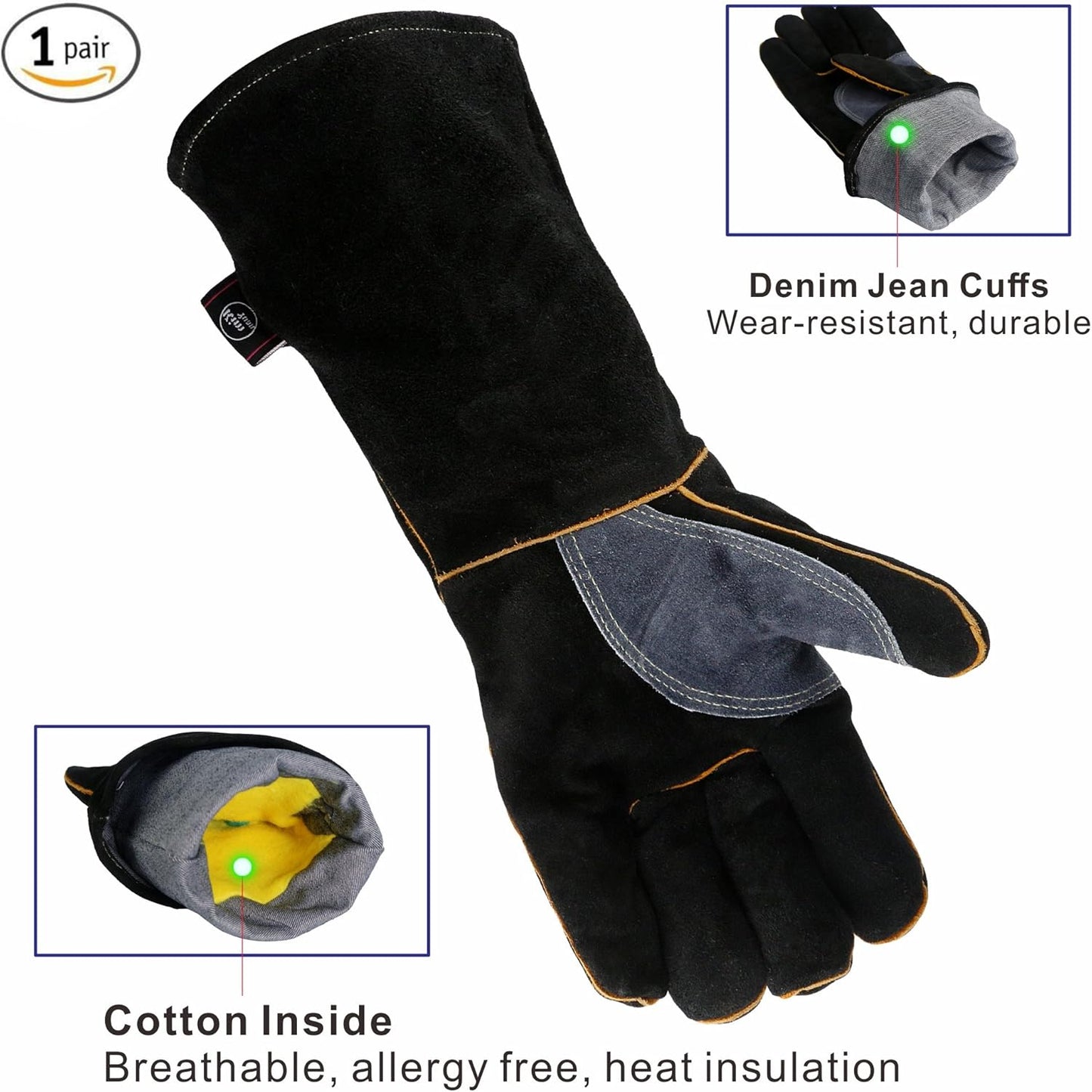 Extreme Heat & Fire Resistant Gloves Leather with Kevlar Stitching,Mitts Perfect for Fireplace, Stove, Oven, Grill, Welding, BBQ, Mig, Pot Holder, Animal Handling