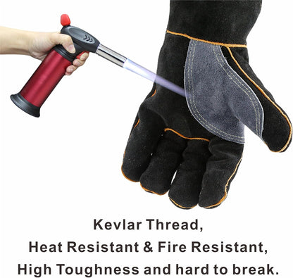Extreme Heat & Fire Resistant Gloves Leather with Kevlar Stitching,Mitts Perfect for Fireplace, Stove, Oven, Grill, Welding, BBQ, Mig, Pot Holder, Animal Handling