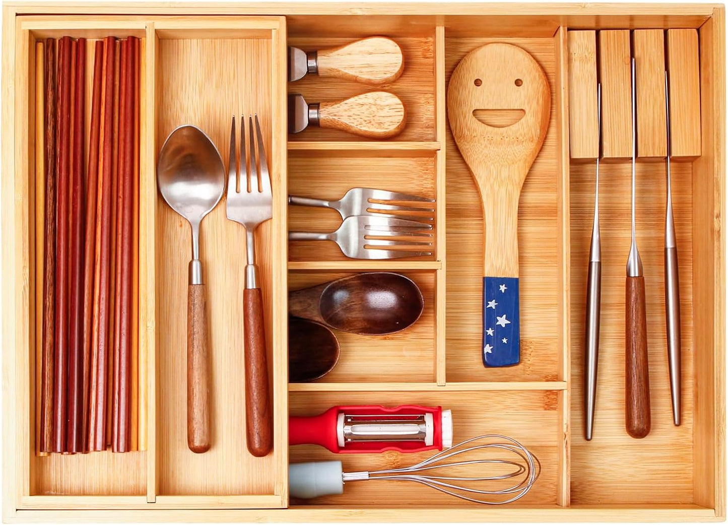 2-Tier Drawer Organizer with Removable Cutlery Tray Kitchen Utensil Silverware Drawer Organizer, Silverware Tray for Drawer Utensil Holder Bamboo Flatware Box for Utensils Stationery Cosmetics (M)