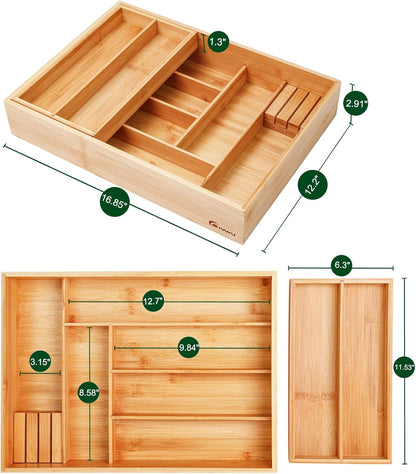 2-Tier Drawer Organizer with Removable Cutlery Tray Kitchen Utensil Silverware Drawer Organizer, Silverware Tray for Drawer Utensil Holder Bamboo Flatware Box for Utensils Stationery Cosmetics (M)
