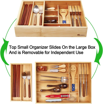 2-Tier Drawer Organizer with Removable Cutlery Tray Kitchen Utensil Silverware Drawer Organizer, Silverware Tray for Drawer Utensil Holder Bamboo Flatware Box for Utensils Stationery Cosmetics (M)
