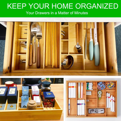 2-Tier Drawer Organizer with Removable Cutlery Tray Kitchen Utensil Silverware Drawer Organizer, Silverware Tray for Drawer Utensil Holder Bamboo Flatware Box for Utensils Stationery Cosmetics (M)