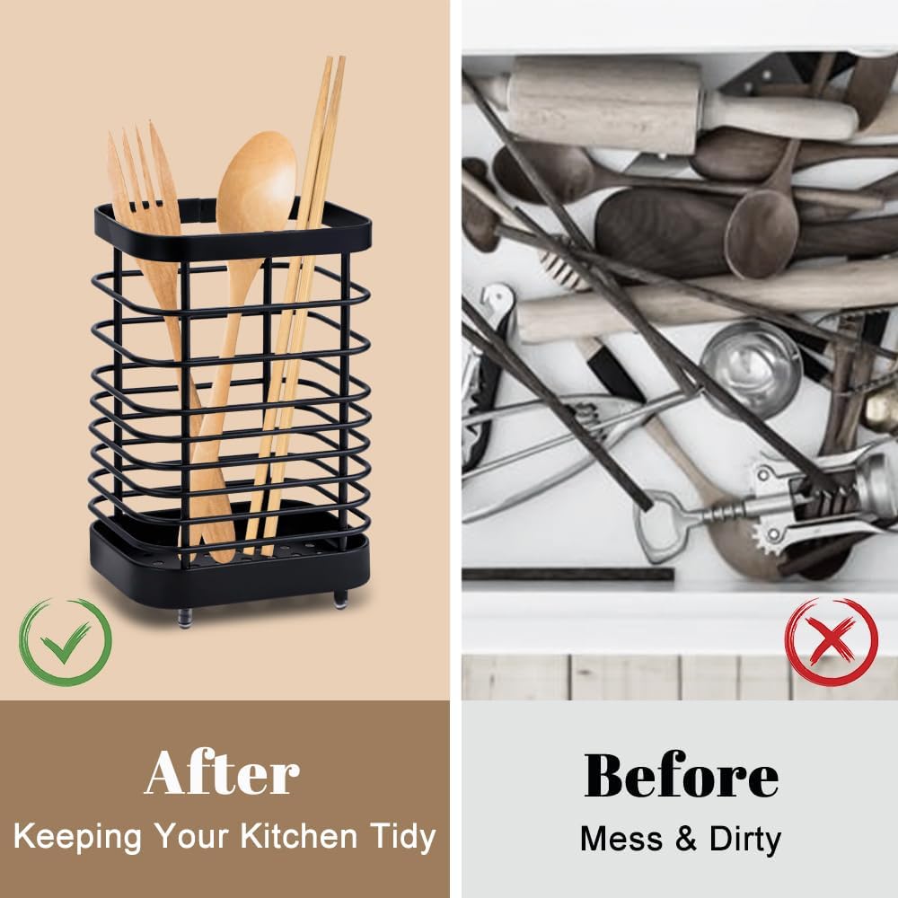 Kitchen Utensil Holder, Stainless Steel Cooking Cutlery Drainer, Storage Holder Utensil Organizer Caddy for Organize Drawer, Countertops and Tableware Storage