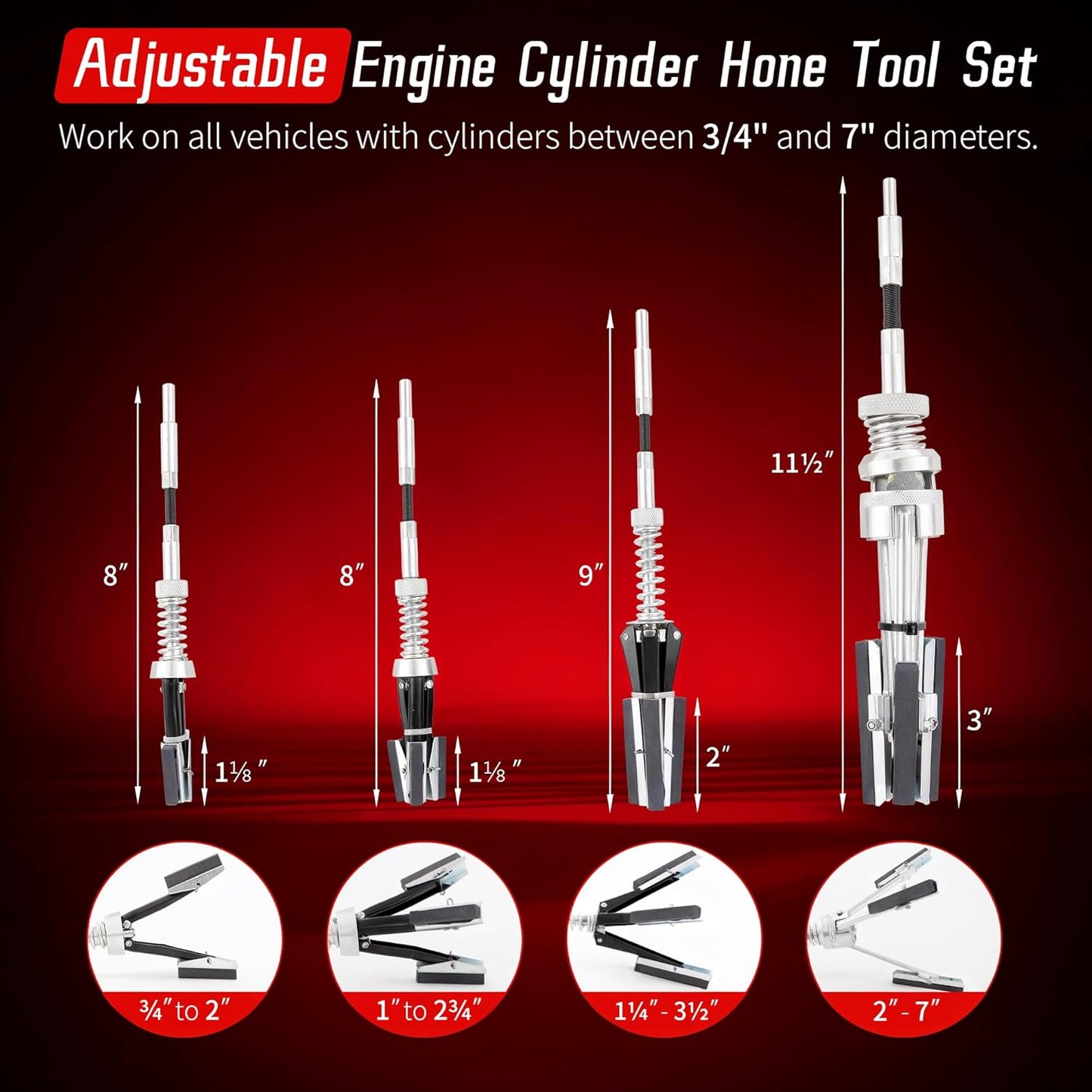 7PCS Cylinder Hone Tool Set, Adjustable Engine Cylinder Honing Grinding Tool for 3/4" to 7" Cylinders, Engine Piston Servicing Tools with 1-1/8", 3", 4" Replacement Honing Stones 220 Grit