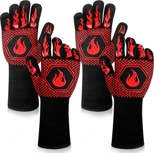 BBQ Fireproof Gloves, Grill Cut-Resistant Gloves 1472°F Heat Resistant Gloves, Non-Slip Silicone Oven Gloves, Kitchen Safe Cooking Gloves for Oven Mitts,Barbecue,Cooking, Frying, Red（2 Pairs）