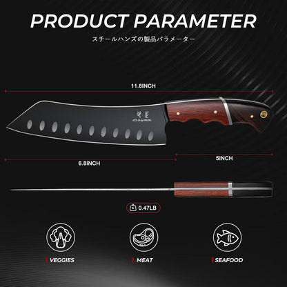 DRGSKL Santoku Knife 7 Inch - Japanese Chef Knife for Fish, Bunka Knife | Japanese ATS-34 Steel, Full Tang, Ergonomic Walnut Handle, Precision Cutting, Gift Box
