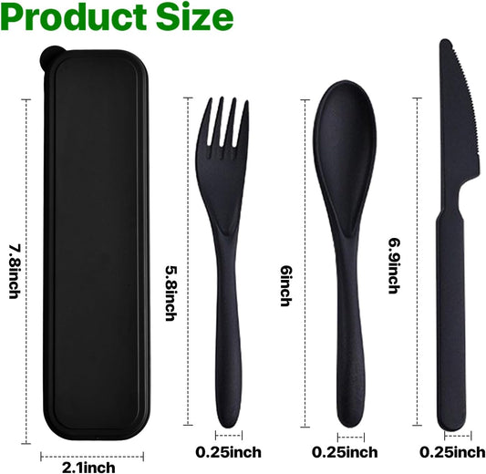 Travel Utensils with Case, Camping Utensil Sets, Wheat Straw Portable Knife Fork Spoons Tableware, Reusable Utensils for Lunch Box (Black)